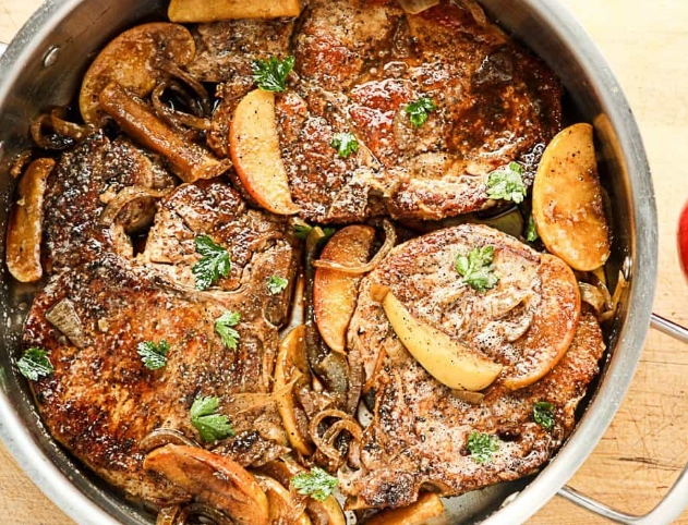 braised pork chops with apples and onions