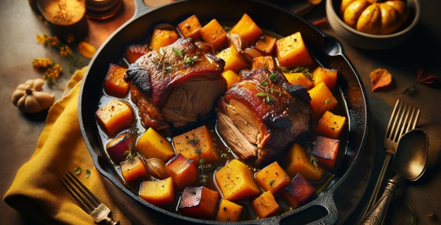 cider braised pork shoulder with butternut squash