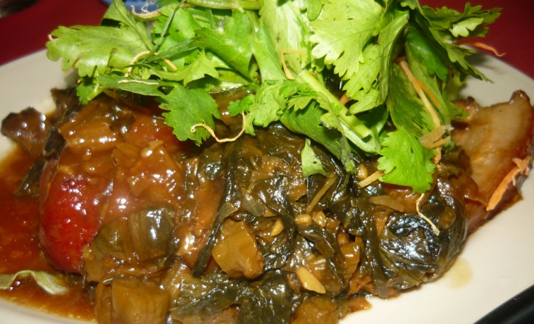 mui choy braised pork belly