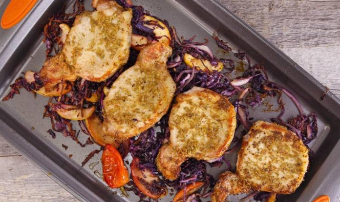 red cabbage and pork chops and apples